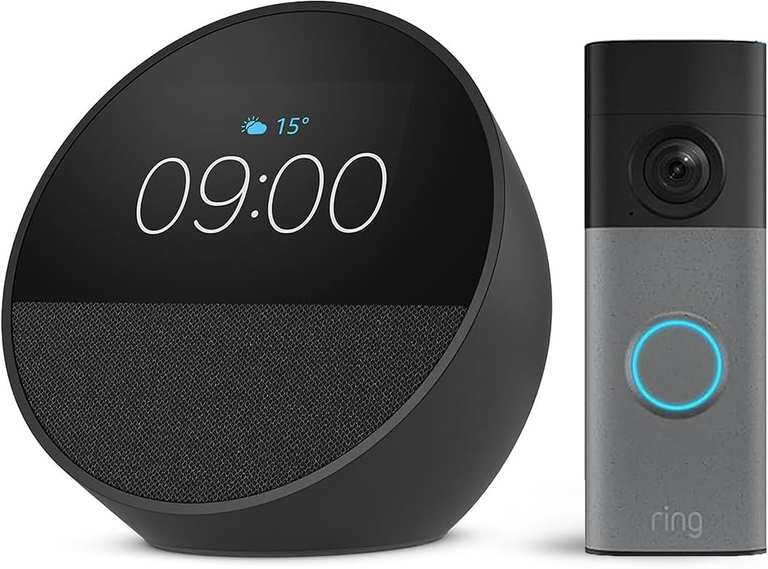 Echo Spot Smart Alarm Clock & Speaker with Ring Battery Video Doorbell