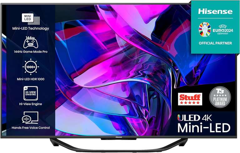 Hisense 55 Inch ULED Mini-LED Smart TV 55U7KQTUK - 144Hz VRR, HDMI 2.1, Quantum Dot Colour, Dolby Vision IQ (2023 Model)
