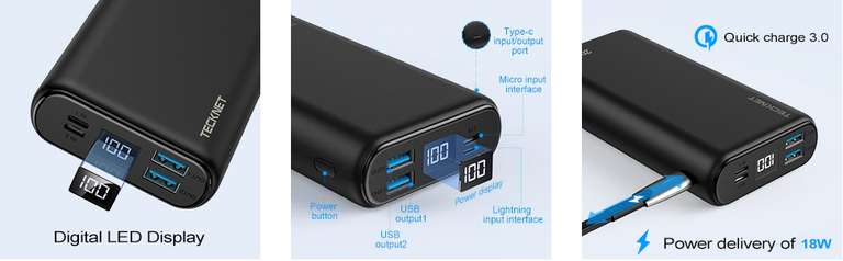 TECKNET Power Bank,20000mAh Powerbank Fast Charging Portable Charger, 22.5W  USB C Powerbank, LED Display Battery Pack With 3 Input/Output for iphone
