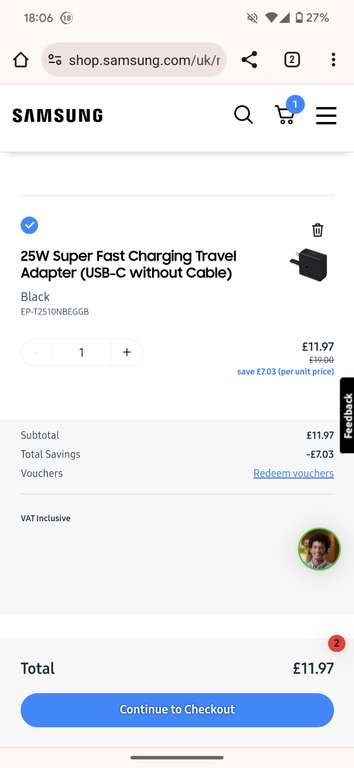 Samsung 25W Super Fast Charging Travel Adapter (USB-C without Cable) via PAW / Student Beans etc