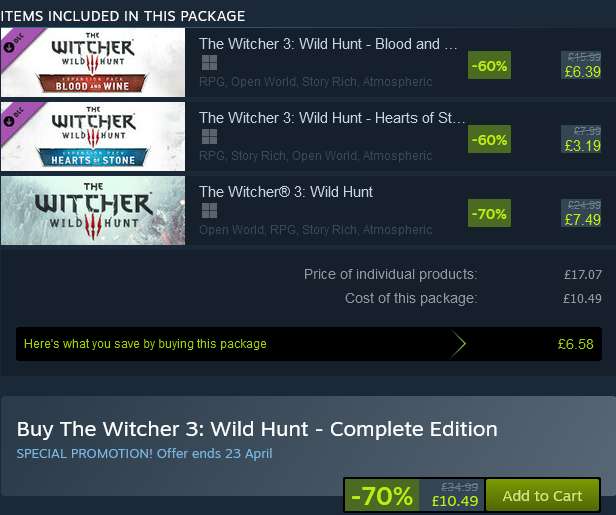 [PC] The Witcher 3: Wild Hunt - Complete Edition - PEGI 18 - £10.49 @ Steam