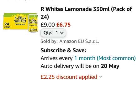 R Whites Lemonade 330mlx24 Cans (£6.75 w/ 10% S&S + 15% Voucher)