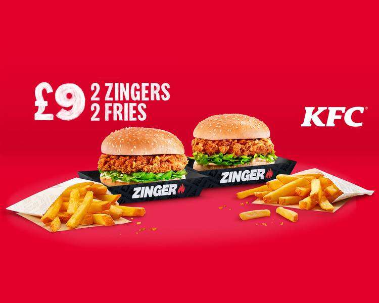 2 Zinger Burgers + 2 Fries for £9 @ KFC / Uber Eats (Selected Areas, Minimum spend applies)