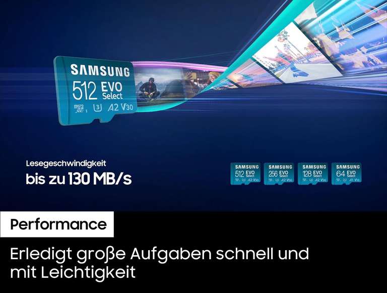 Samsung EVO Select 256GB microSDXC UHS-I U3 130MB/s Full HD and 4K UHD Memory Card inc. SD-Adapter
