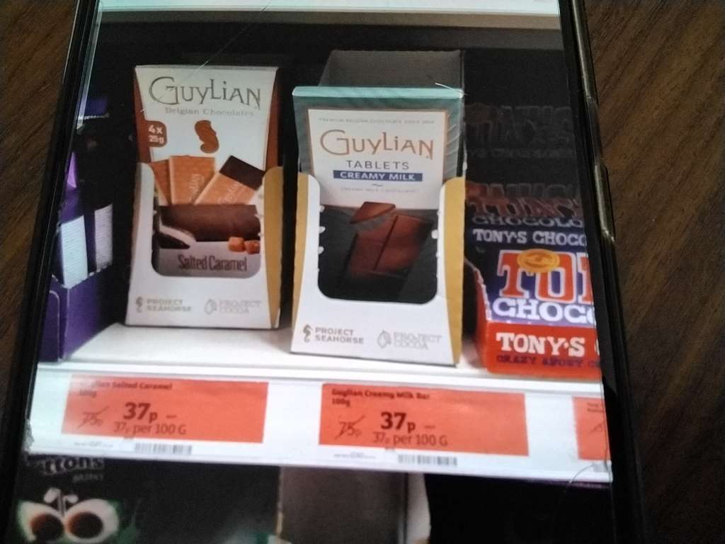 Tonys Milk Chocolate Almond, Honey Nougat 75p in store, Guylian Belgian chocolates salted caramel 37p @ Sainsburys (Midsomer Norton),