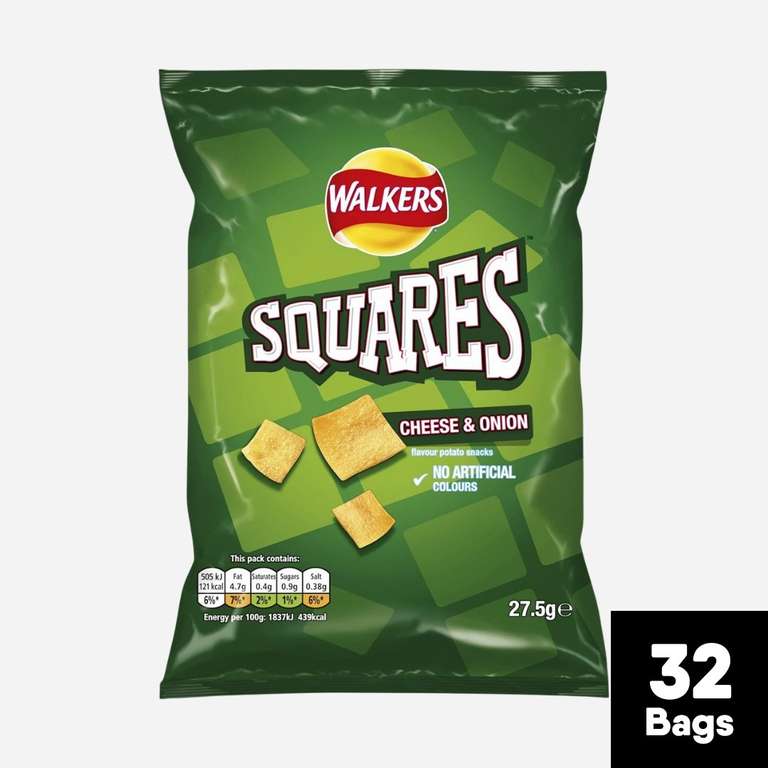 32 x 27.5g Packs Walkers Squares Cheese & Onion Crisps Best Before 6 April 2024 - 1 per customer - Minimum order £25