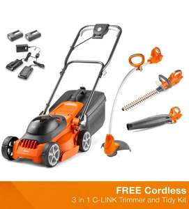 New Flymo EasiStore 300R Cordless Mower + Free cordless grass trimmer, hedge trimmer and blower, Sold By Flymo