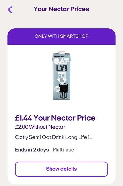 Oatly Semi Oat Drink Long Life 1L (Potentially £1.44 With Smartshop Nectar Price - Selected Accounts)