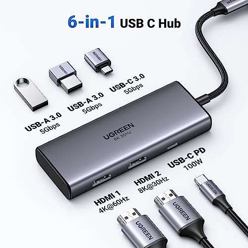 UGREEN USB C Hub Dual HDMI, Docking Station 8K@30Hz, Dual 4K@60Hz, 100W PD, 5Gbps USB-C and USB-A - £33.59 W/Voucher @ UGREEN / Amazon