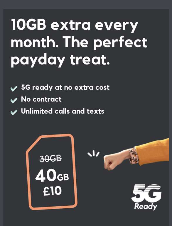 Sim only 40GB 5G Data, Unlimited Mins & Texts £10/pm cancel anytime @ Smarty