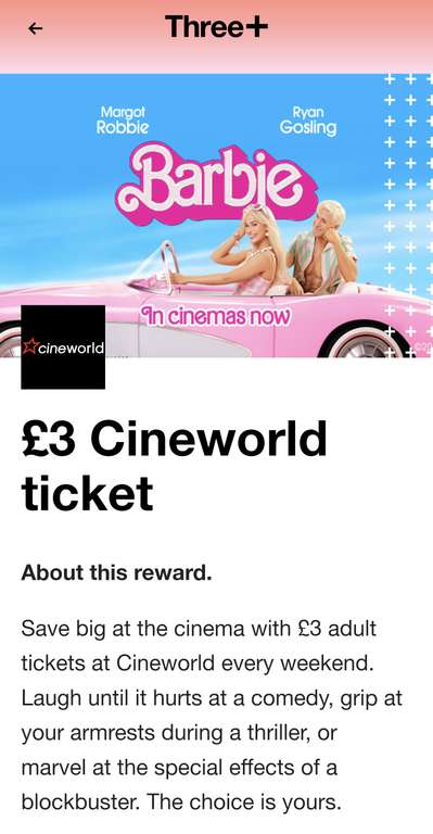 Three+ Cineworld or Picturehouse Cinema Tickets £3 each week (Three UK only)