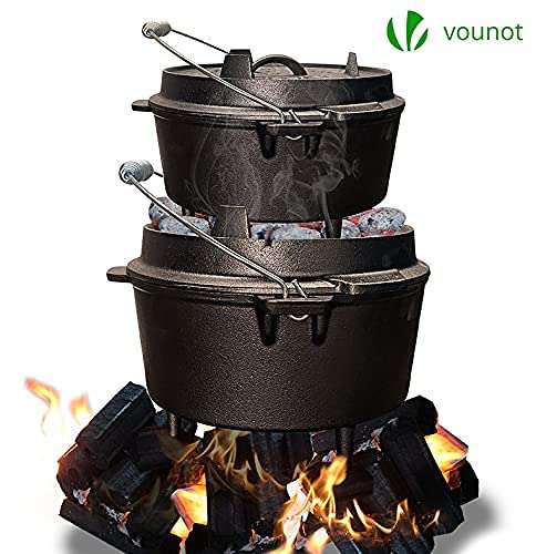 VOUNOT Dutch Oven 4.25 Ltrs, Pre-Seasoned Cast Iron Pot with Carry Bag, Feet, Lid Lifter, Spiral Handle & Thermometer slot £23.38 @ Amazon