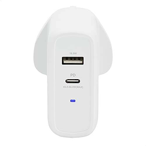 Amazon Basics 63W Two-Port GaN Wall Charger with 1 USB-C (45W) and 1 USB-A Port (18W) with Power Delivery - White (non-PPS)
