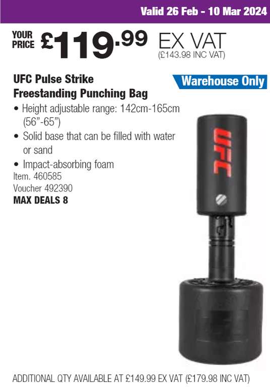 UFC pulse strike freestanding punching bag height adjustable 142cm-165cm (56"-65") instore only offer