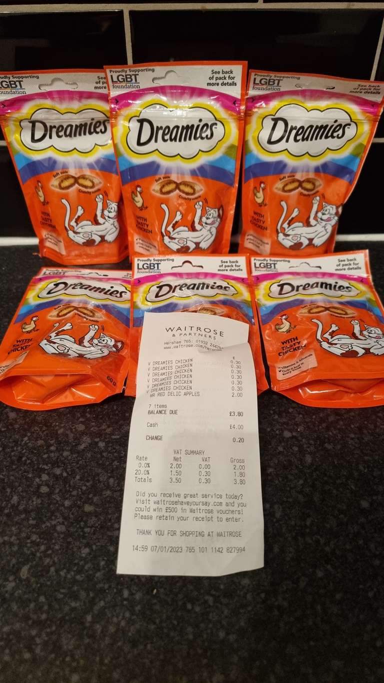 Dreamies cat treats with chicken 60g pack just 30p at Waitrose & partners Hersham