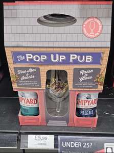 Pop up pub 2x 500ml bottles of shipyard 1x pale ale 4.5% and 1x IPA 5% + glass and bag of pork scratchings in-store Tondu