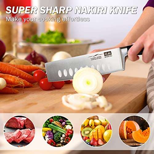 SHAN ZU Kitchen Knife Nakiri, Japanese Knife 16.5cm, Chef Knife German Stainless Steel, Professional w/ Ergonomic Handle - w/Voucher