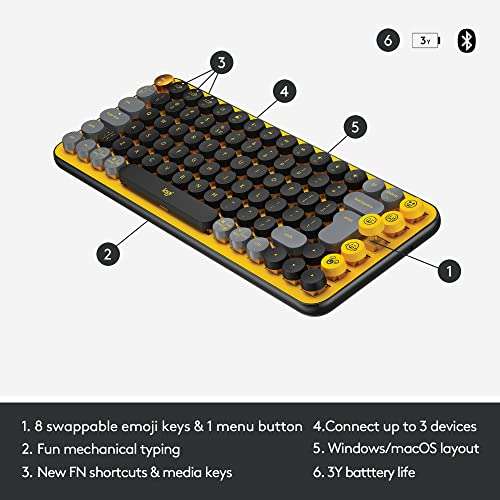 Retro Logitech POP Keys Mechanical Wireless Keyboard with Emoji Keys, Durable Compact, Bluetooth or USB, Multi-Device - £60.80 @ Amazon
