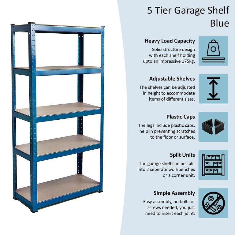Home Vida 5 Tier Layer Shelf Storage Shelving Rack Heavy Duty Kitchen Garage Racking Unit 875 Kgs Capacity, Standard, Blue