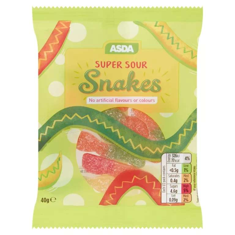 Sour Snakes & Fizzy Strawberry Wands 40g at 10p, Hunts Cross Asda