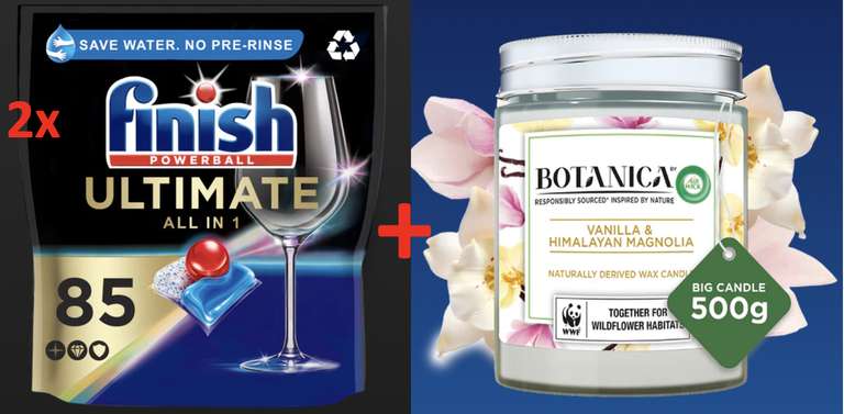 2 x Finish Ultimate All in One Dishwasher Tablets 85 Pack + BOTANICA Vanilla & Himalayan Magnolia Candle 500g for £21.25 with code @ Finish