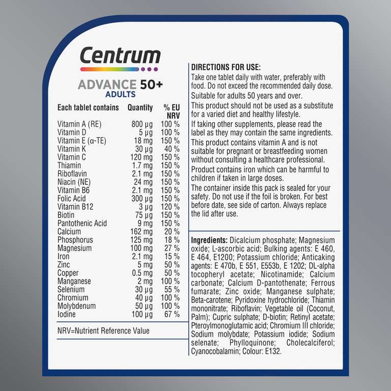 Centrum Age Centrum Advance 50+ Tablets Multivitamin & Mineral Supplements £4.39 at ...