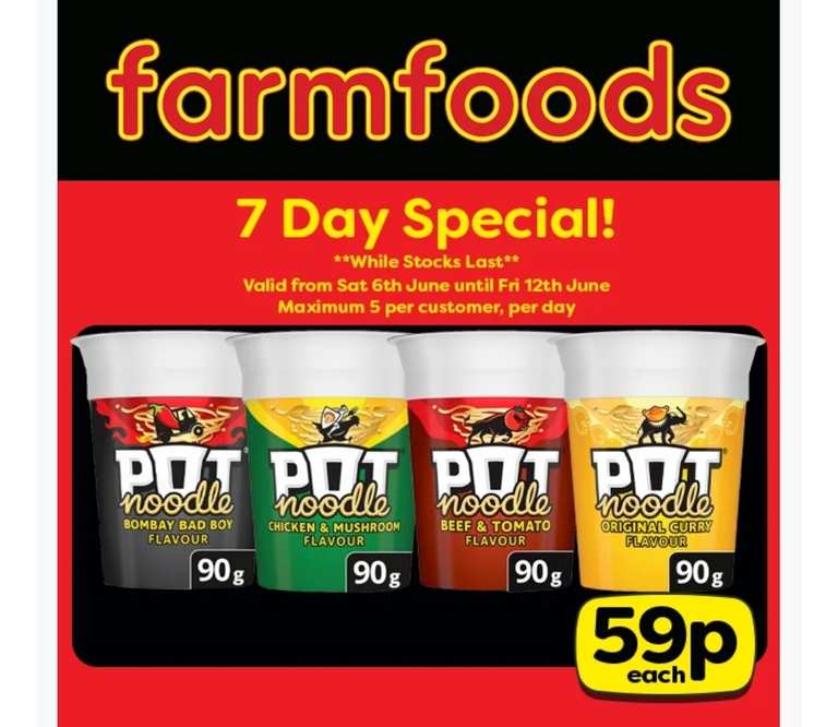 Pot Noodle 90g Bombay Bad Boy / Chicken & Mushroom / Curry / Beef & Tomato