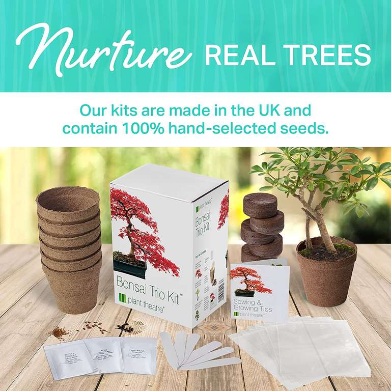 Plant Theatre Bonsai Tree Kit – 3 Tree Starter Set w/Bonsai Seeds, Peat Blocks, Pots and Markers - £7.09 sold by Garden & Home UK @ Amazon