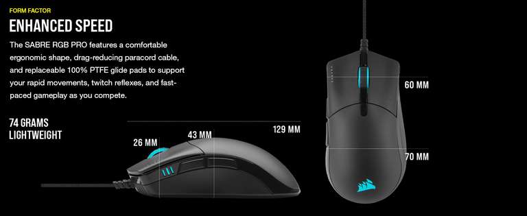 Corsair SABRE RGB PRO CHAMPION SERIES Gaming Mouse 74g Weight £34.99 @ Amazon
