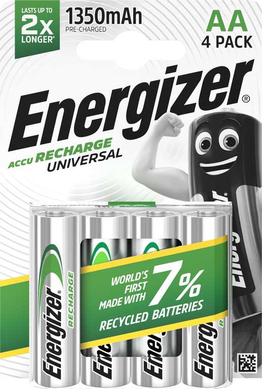 Energizer Recharge Universal - Rechargeable AA Batteries (4 Pack) - 1350 mAh NiMH - S&S £5.41
