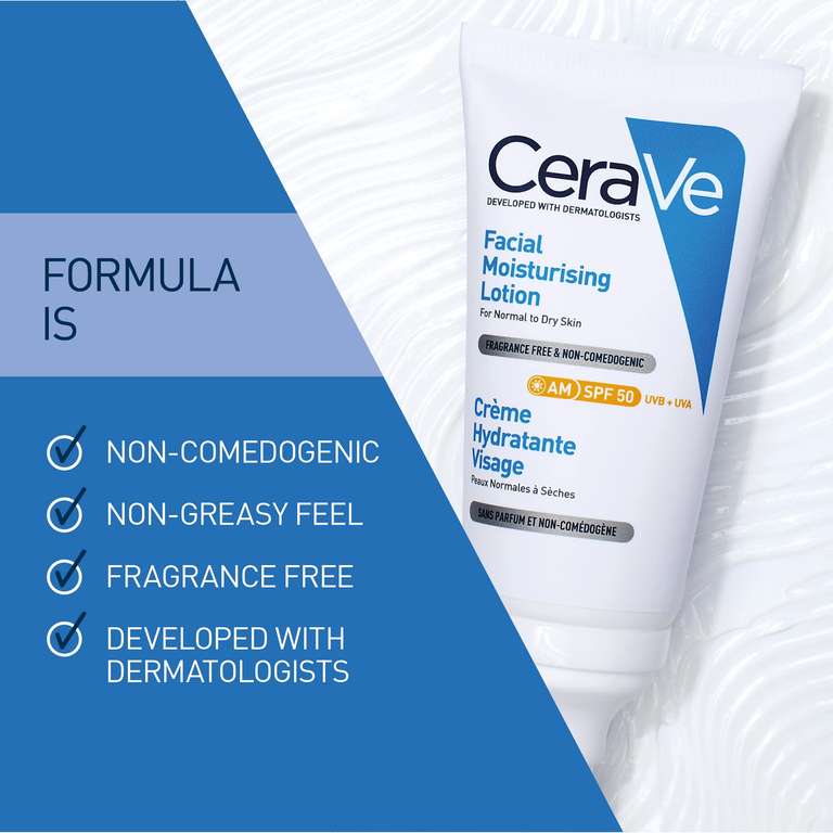 CeraVe AM Facial Moisturising Lotion SPF50 with Ceramides & Vitamin E for Normal to Dry Skin 52ml (£10.45 with S&S)