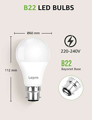 6 X Lepro Bayonet Light Bulbs B22, 60W Equivalent, Warm White 2700K, 8.5W £11.89 @ Dispatches from Amazon Sold by Lepro UK