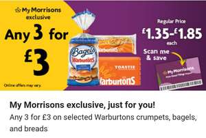 Warburton 3 for £3 on selected bread crumpets & bagels @ morrison via more card app (Select accounts)