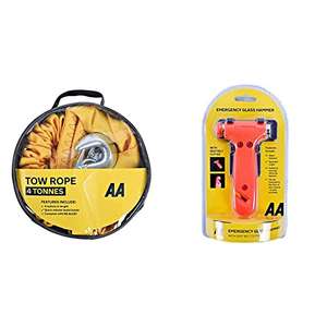 AA 4T Heavy Duty Tow Rope AA6226 – Yellow Strap-Style Towing Belt & AA Emergency Car Window/Glass Hammer £16.04 @ Amazon