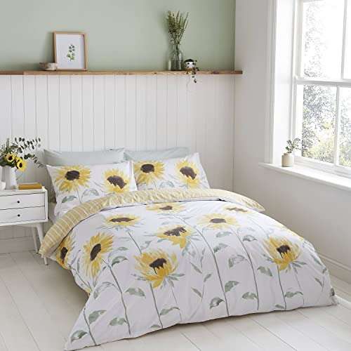 Catherine Lansfield Painted Sun Flowers Reversible King Duvet Cover Set with Pillowcases Yellow
