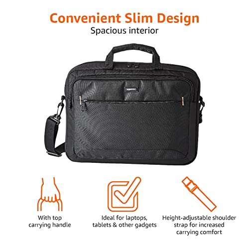 Amazon Basics Compact 15.6-Inch Laptop Shoulder Bag Carrying Case with Padded Strap and Zippered Accessory Pocket, 1-Pack, Black