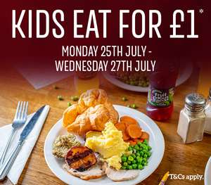 Kids Eat For £1 (With Adult Main Purchase - Voucher In App) Mon 25th-Wed 27th July @ Toby Carvery