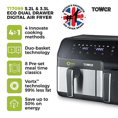 Tower T17099 Vortx 5.2L & 3.3L Eco Dual Drawer Air Fryer with 8 One-Touch Presets, 1700W Power, Black £127.73 @ Amazon