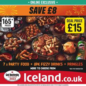 Iceland Party Bundle - 7 x Party Foods/8 Pack Fizzy Drinks Cans/Pringles £15 Online (Min spend applies) @ Iceland