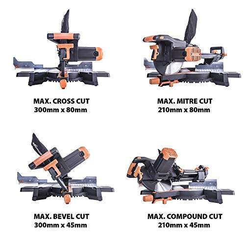 Evolution Power Tools R255SMS+ Compound Saw with Multi-Material Cutting, 45° Bevel, 50° Mitre, 300 mm Slide, 2000 W, 255 mm - £169 @ Amazon
