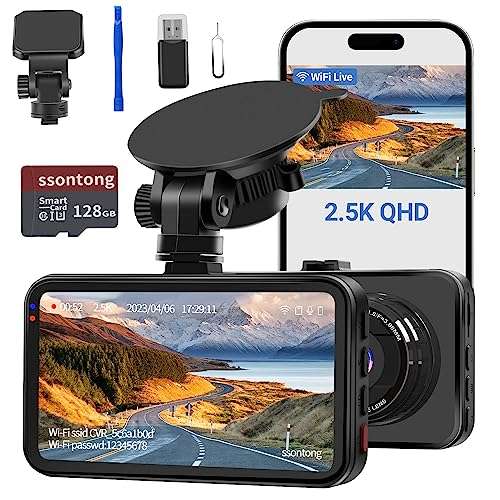Dash Cam with 128GB Card - 1440P, App Connection, Night Vision, 170°Wide Angle, G-sensor with voucher - ssontong dash cam FBA
