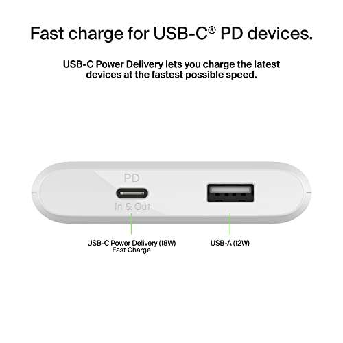 Belkin 10000mAh power bank, USB-C Power Delivery fast charging portable charger with 18W USB-C and 12W USB-A ports