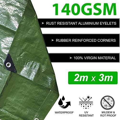 Waterproof Heavy Duty Tarpaulin 2m x 3m / 6.5ft x 10ft £5.98 Min Order 2 Premium Grade Tarpaulin 140g/m² Green @ Amazon