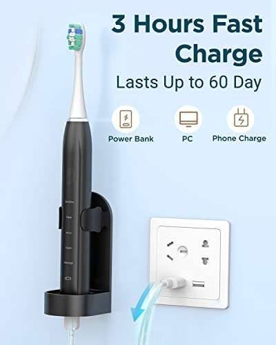 Sonic Electric Toothbrush for Adults & Kids, Rechargeable with 6 Brush Heads, 5 Cleaning Modes, Travel Case (Light Green) £12.99 @ Amazon