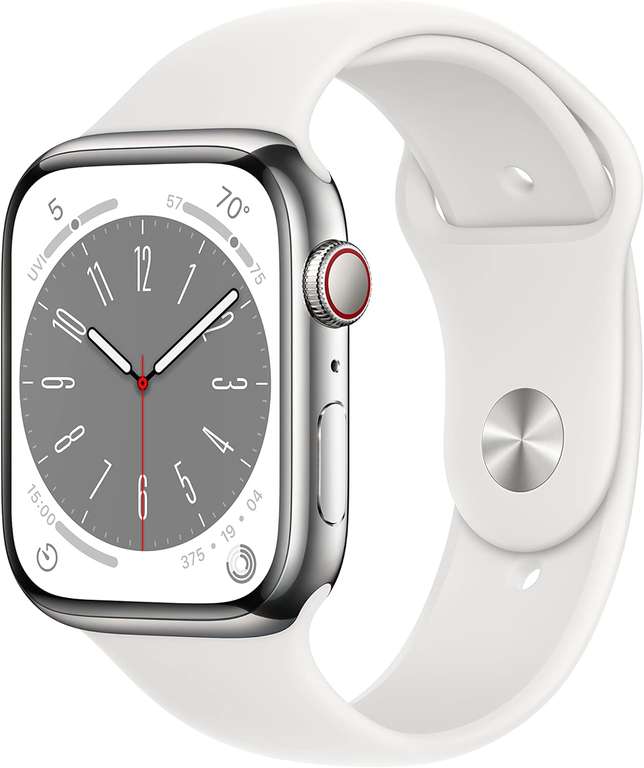 Apple Watch Series 8 GPS + Cellular, 45mm Silver Stainless Steel Case with White Sport Band Also Gold & Granite (£50 discount at checkout)