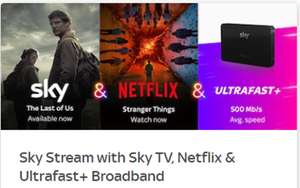 Sky Ultrafast+ Broadband (500Mb) + Sky Stream + Entertainment & Netflix + £110 Quidco + £30 Bonus Quidco- £44pm / 18m (£36.20pm effective)
