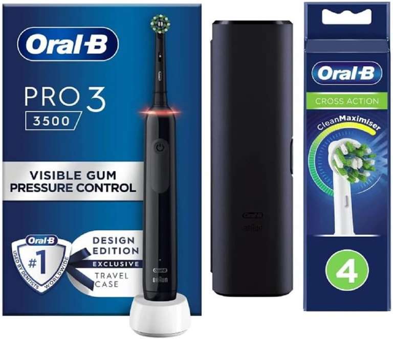 Oral-B Pro 3 Electric Toothbrush with Smart Pressure Sensor, 3500, Black & Cross Action Electric Toothbrush Head with CleanMaximiser