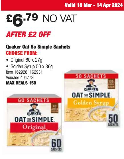 Quaker Oat So Simple Sachets, Original x60 / Golden Syrup x50