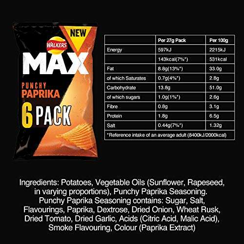 Walkers Max Punchy Paprika Multipack Ridged Crisps 6x27g - 86p @ Amazon Fresh