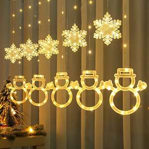 USB Bloomwin Christmas Window Lights 3m x 0.75m Snowflake & Snowman Curtain Fairy Lights with Remote, use voucher with Saloves FBA